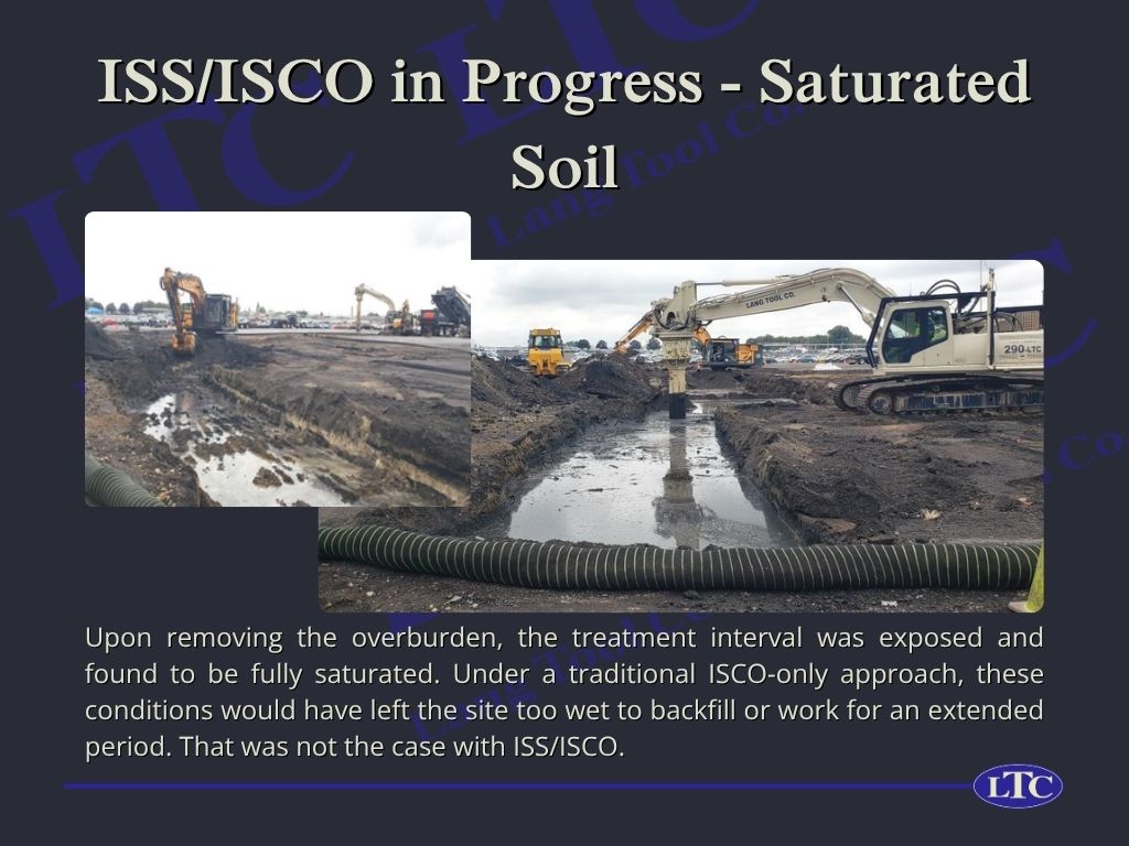 Upon removing the overburden, the treatment interval was exposed and found to be fully saturated. Under a traditional ISCO‑only approach, these conditions would have left the site too wet to backfill or work for an extended period. That was not the case with ISS/ISCO.