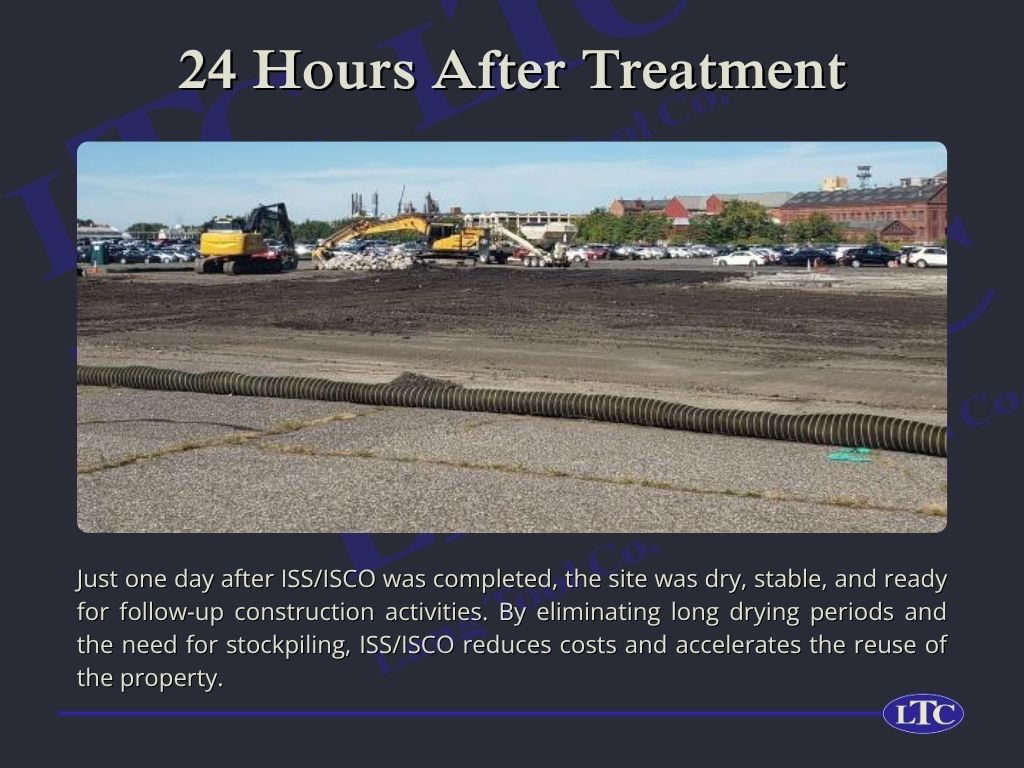 Just one day after ISS/ISCO was completed, the site was dry, stable, and ready for follow‑up construction activities. By eliminating long drying periods and the need for stockpiling, ISS/ISCO reduces costs and accelerates the reuse of the property.
