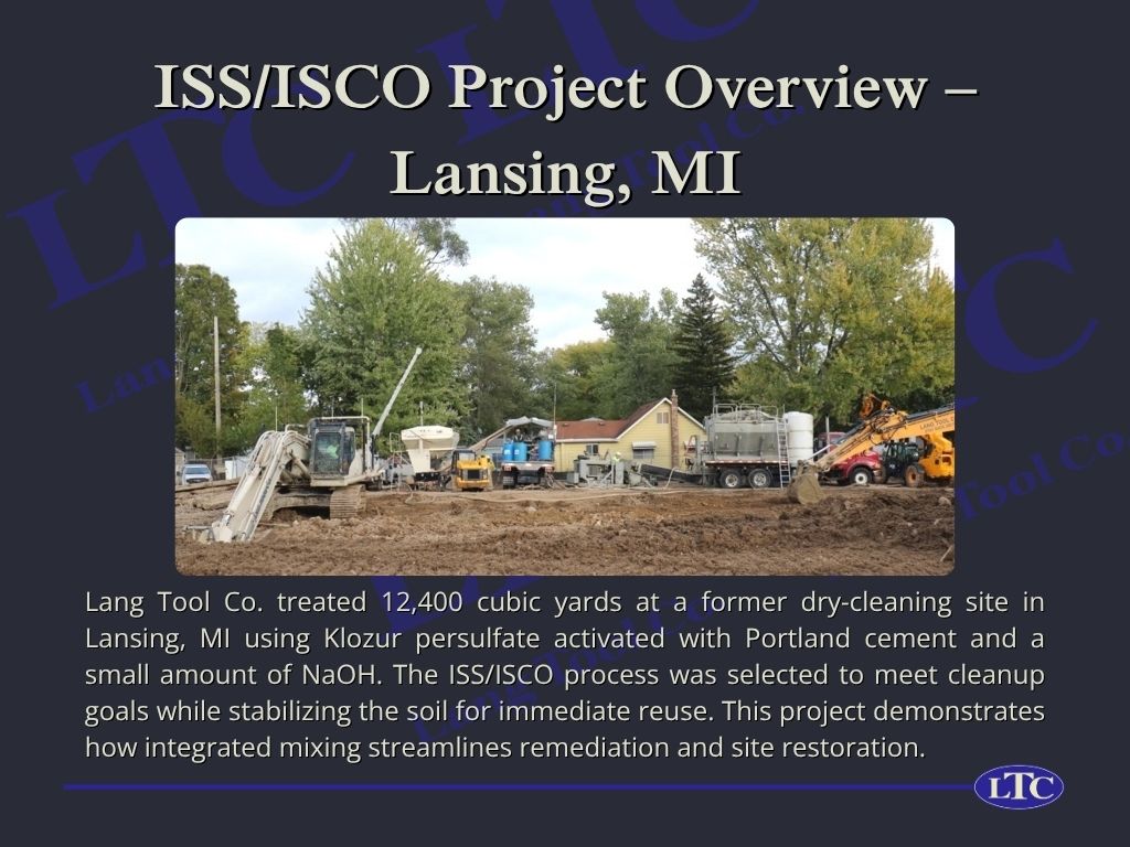 Lang Tool Co. treated 12,400 cubic yards at a former dry-cleaning site in Lansing, MI using Klozur persulfate activated with Portland cement and a small amount of NaOH. The ISS/ISCO process was selected to meet cleanup goals while stabilizing the soil for immediate reuse. This project demonstrates how integrated mixing streamlines remediation and site restoration.