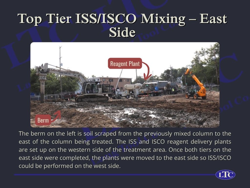 The berm on the left is soil scraped from the previously mixed column to the east of the column being treated. The ISS and ISCO reagent delivery plants are set up on the western side of the treatment area. Once both tiers on the east side were completed, the plants were moved to the east side so ISS/ISCO could be performed on the west side.