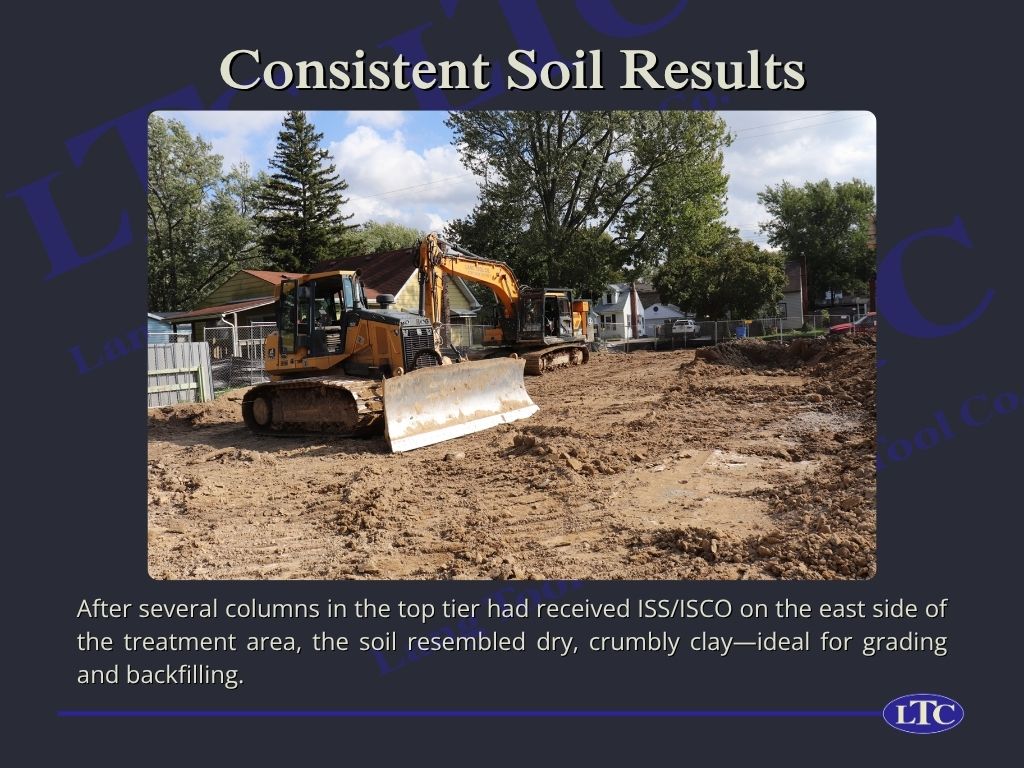 After several columns in the top tier had received ISS/ISCO on the east side of the treatment area, the soil resembled dry, crumbly clay—ideal for grading and backfilling.
