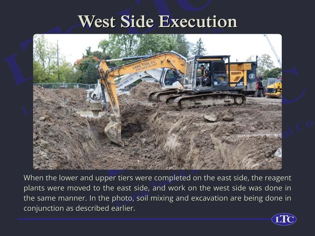 When the lower and upper tiers were completed on the east side, the reagent plants were moved to the east side, and work on the west side was done in the same manner. In the photo, soil mixing and excavation are being done in conjunction as described earlier.