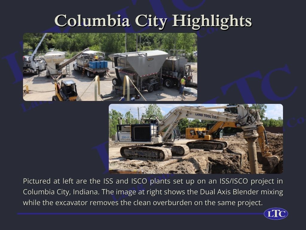 Pictured at left are the ISS and ISCO plants set up on an ISS/ISCO project in Columbia City, Indiana. The image at right shows the Dual Axis Blender mixing while the excavator removes the clean overburden on the same project.