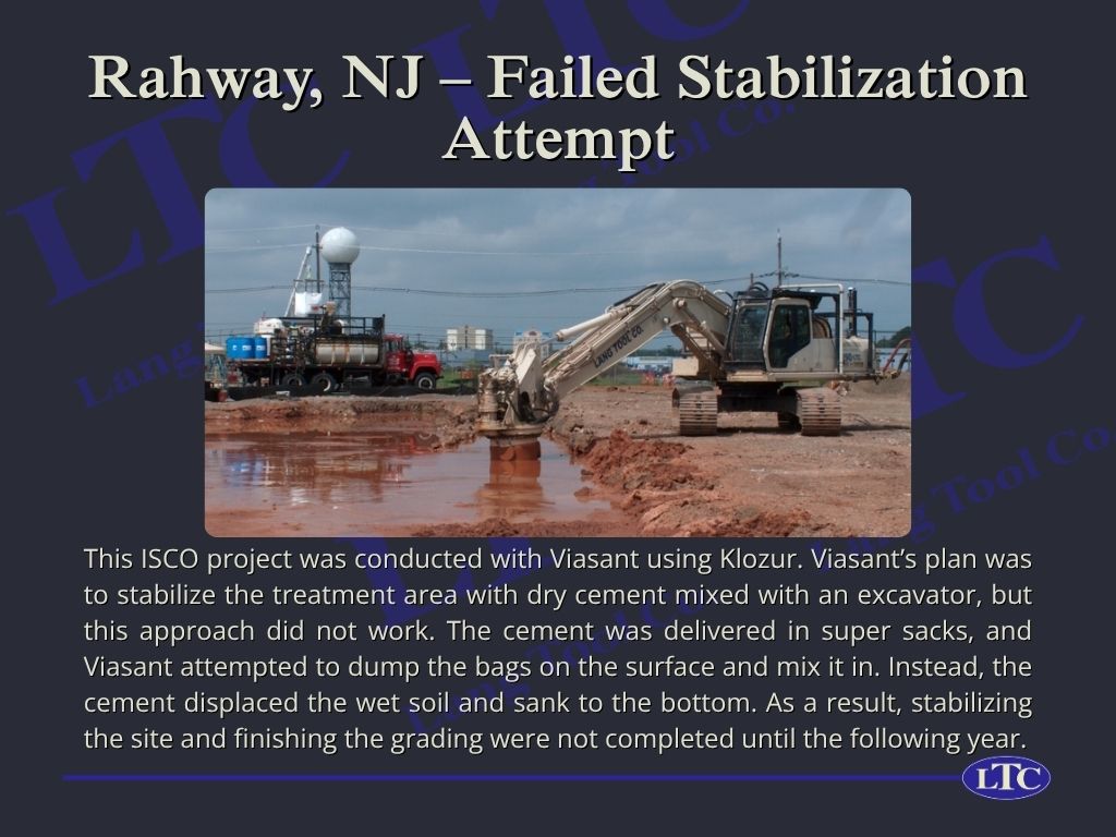 This ISCO project was conducted with Viasant using Klozur. Viasant’s plan was to stabilize the treatment area with dry cement mixed with an excavator, but this approach did not work. The cement was delivered in super sacks, and Viasant attempted to dump the bags on the surface and mix it in. Instead, the cement displaced the wet soil and sank to the bottom. As a result, stabilizing the site and finishing the grading were not completed until the following year.